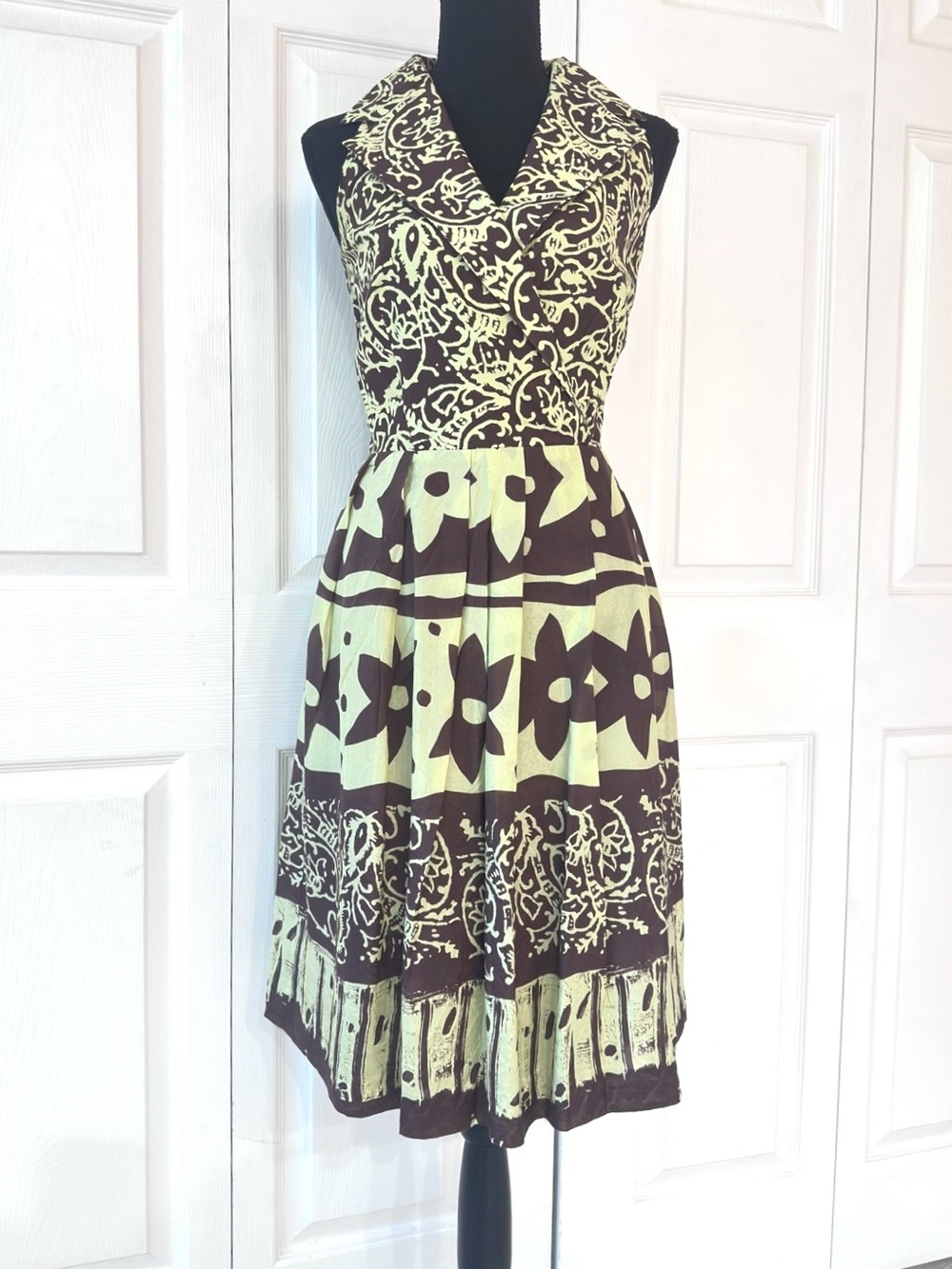 SUZI CHEN for Maggy Boutique ~ Brown and Chartreuse Patterned Midi Dress size 8